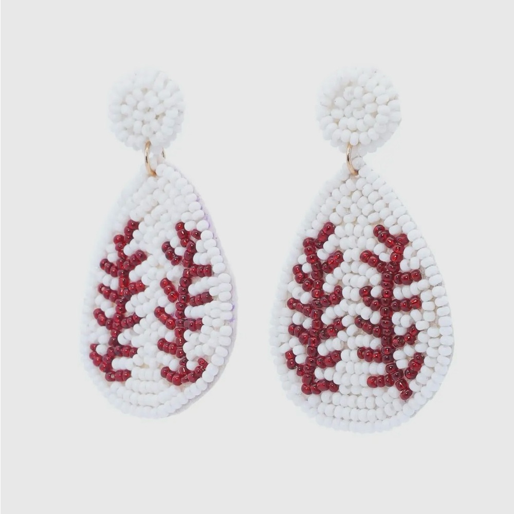 Handmade Beaded Baseball Drop Earrings Teardrop - Picture 2 of 5